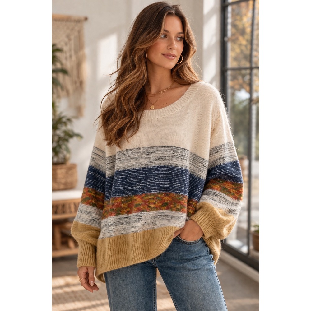 FATE Women's Striped Knit Sweater Crew Neck Long Sleeve Size L